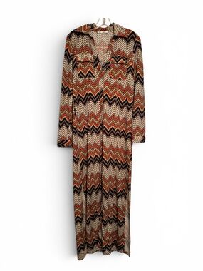 Chevron Print Long Sleeve Maxi Dress - Beige, Black & Rust Accents